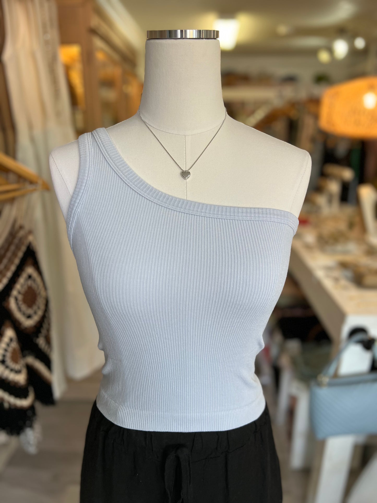 One Shoulder Tank Top-Creamy Blue