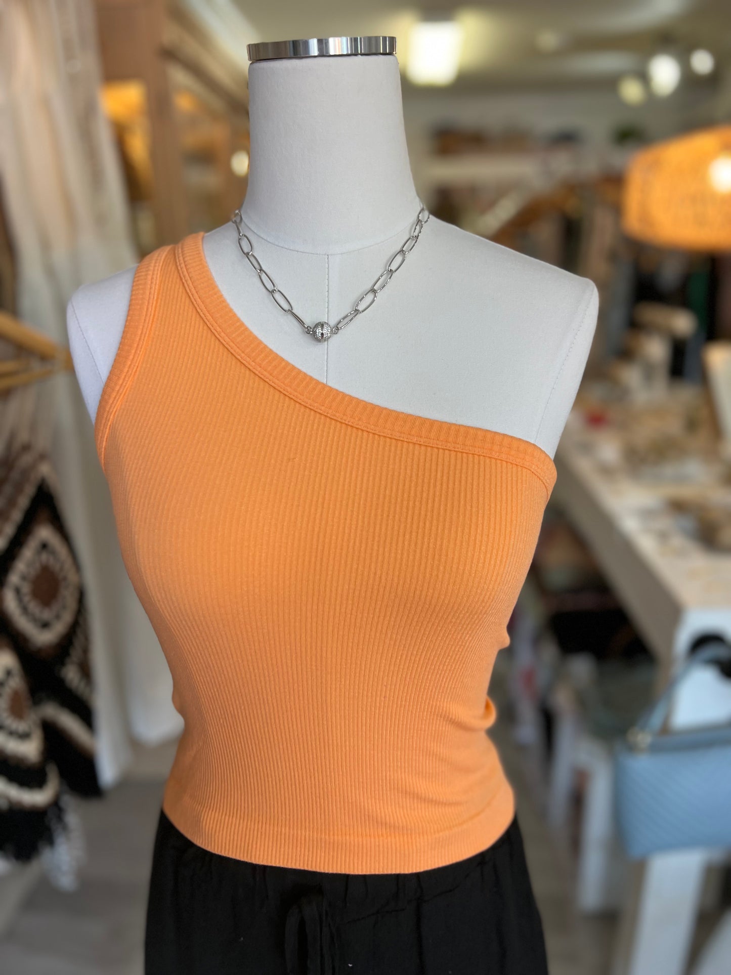 One Shoulder Tank Top-Neon Orange