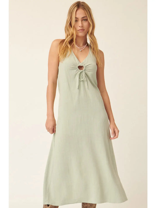 Solid Woven Keyhole Open Back Maxi Dress-Seagrass