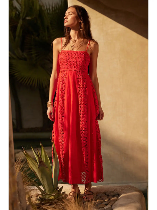 Crochet Lace & Crepe Paneled Maxi Dress-Coral Red