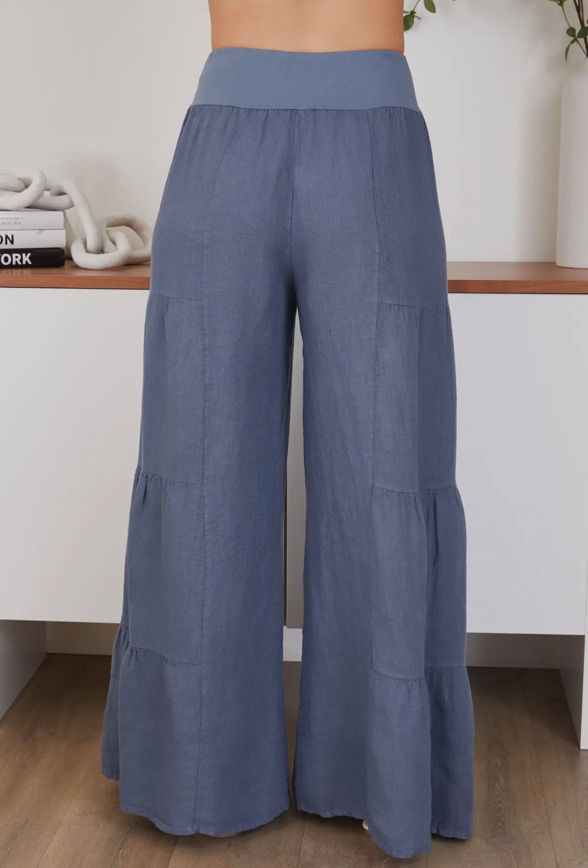 Linen Tiered Palazzo Pants-Denim