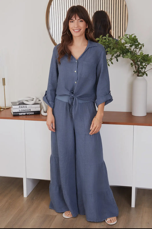Linen Tiered Palazzo Pants-Denim