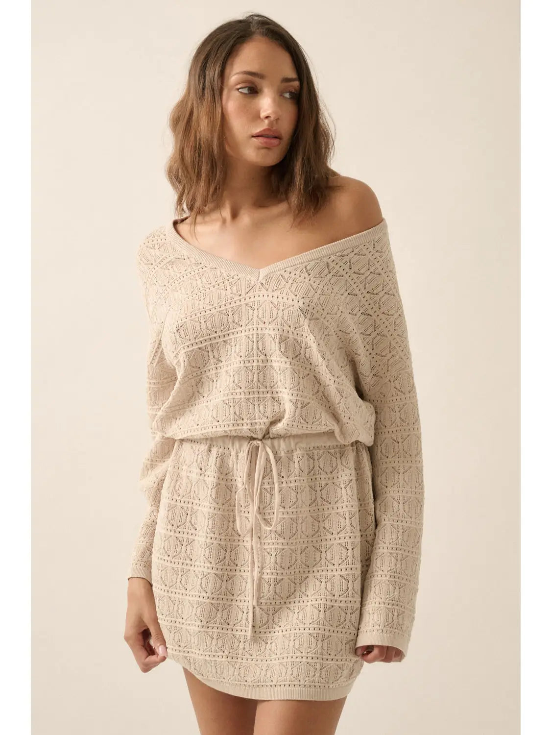 Pointelle Crochet Knit Drawstring Mini Dress-Stone