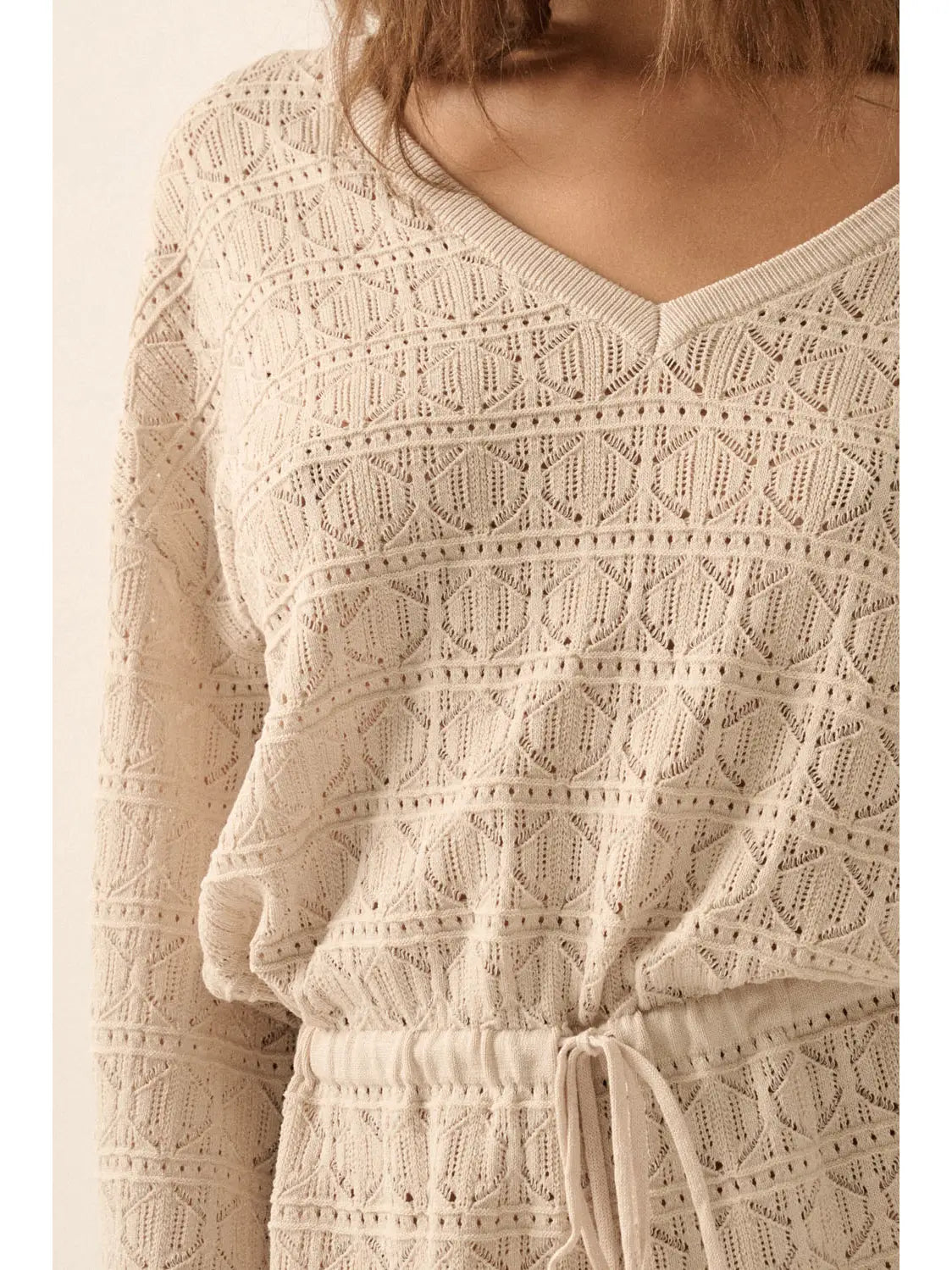 Pointelle Crochet Knit Drawstring Mini Dress-Stone