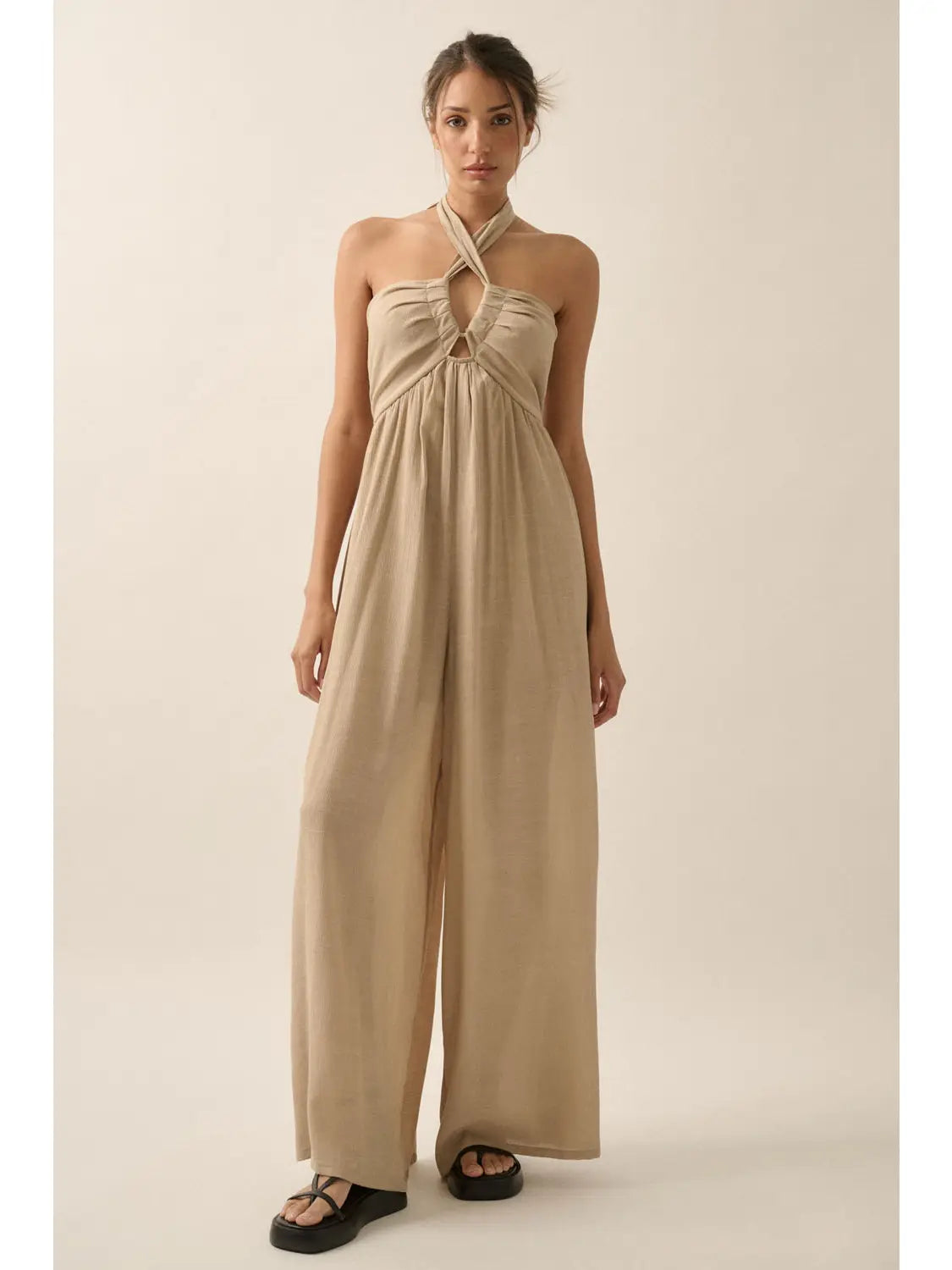 Solid Cotton Blend Wide Leg Halter Jumpsuit-Stone