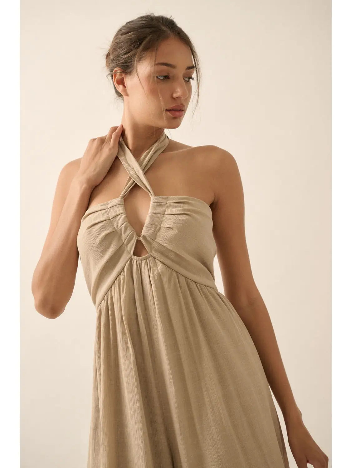 Solid Cotton Blend Wide Leg Halter Jumpsuit-Stone