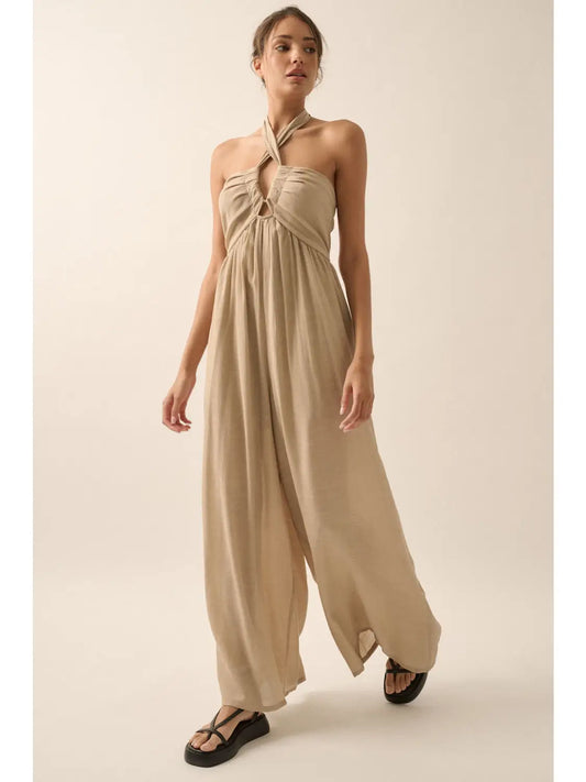 Solid Cotton Blend Wide Leg Halter Jumpsuit-Stone
