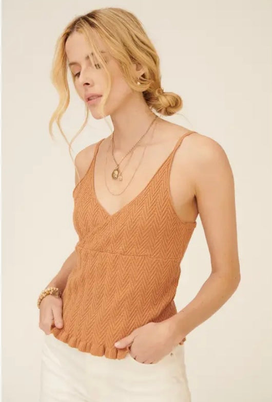 Knit Surplice Ruffle Hem Cami Top-Desert Gold