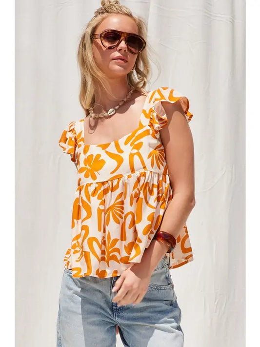 Printed Button Back Top-Tangerine