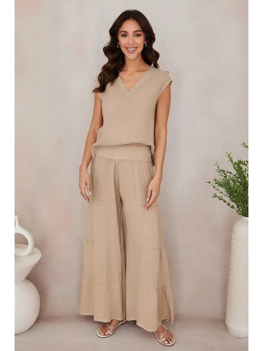 Linen Tiered Palazzo Pants-Earth Beige