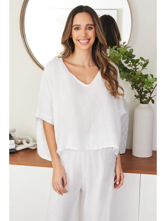 V-Neck Linen Dolman Sleeve Crop Top-White