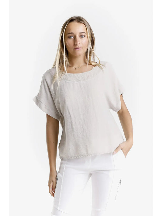 Short Sleeve Yoke Neck Top-Stone