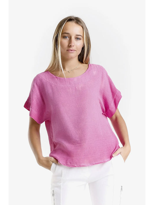Short Sleeve Yoke Neck Top-Fuchsia