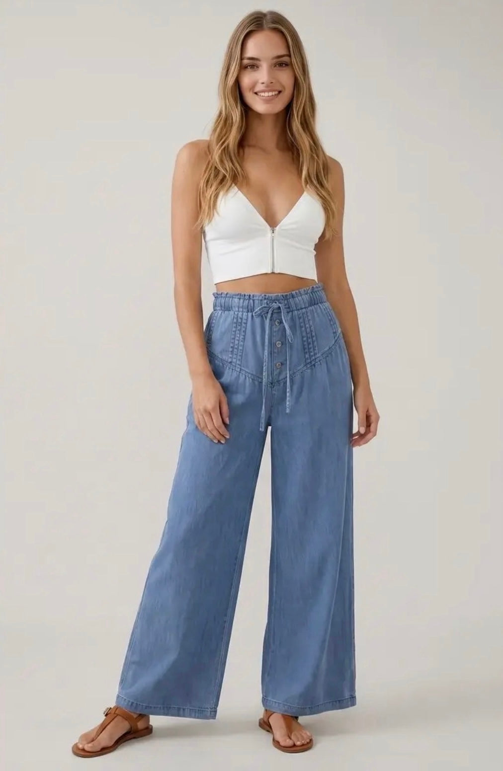 Denim Pleats Detail Button Wide Leg Pants-Dark Denim