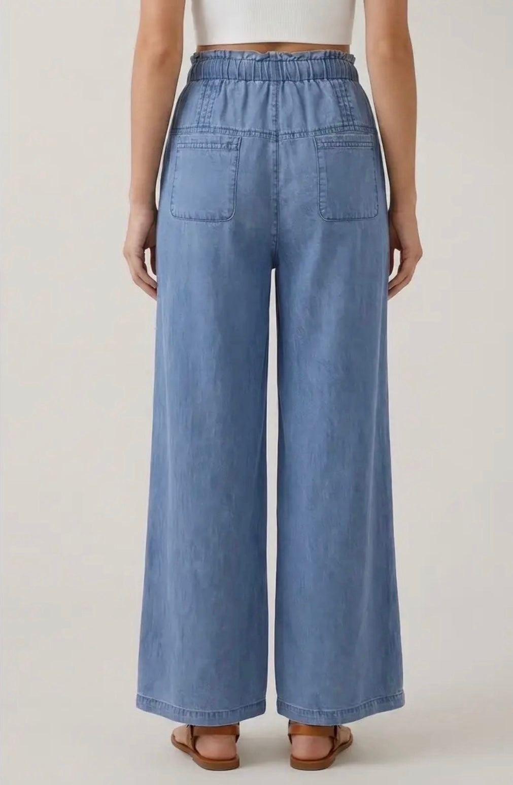 Denim Pleats Detail Button Wide Leg Pants-Dark Denim