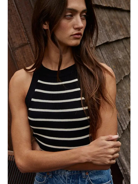 Knit Sweater Ribbed Striped Tank Top-Black Cream