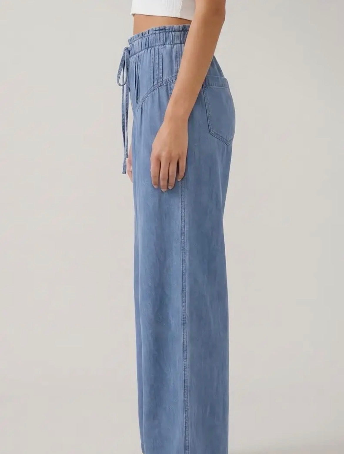Denim Pleats Detail Button Wide Leg Pants-Dark Denim