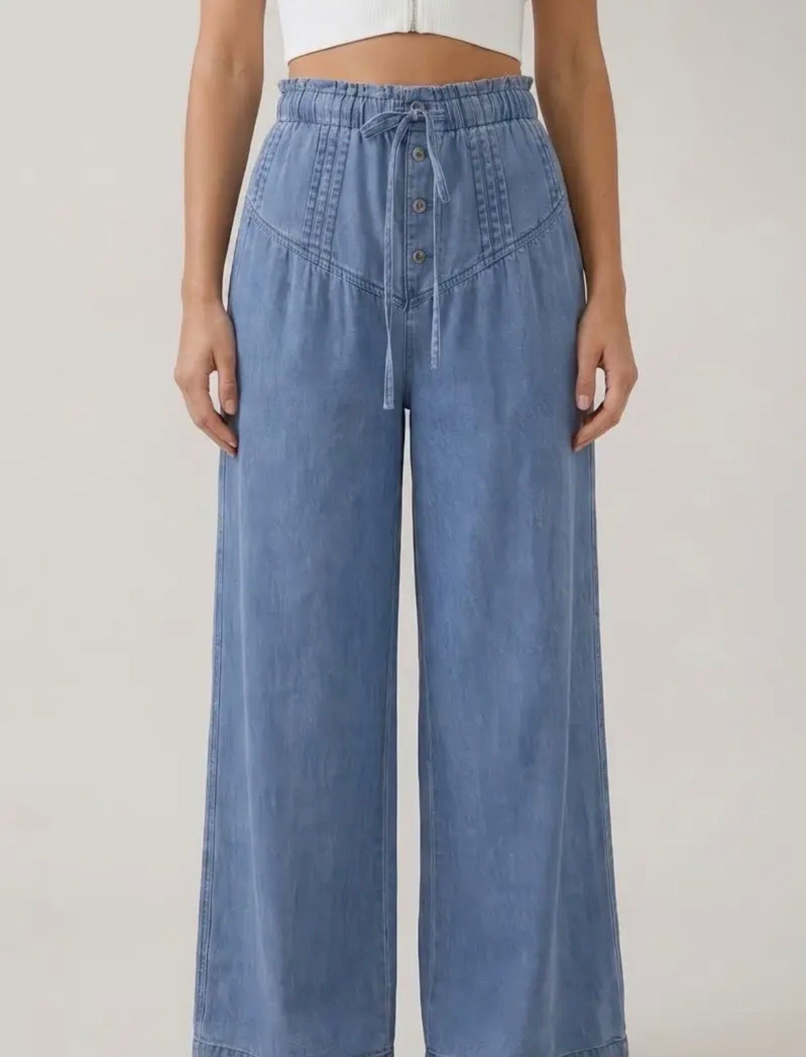 Denim Pleats Detail Button Wide Leg Pants-Dark Denim