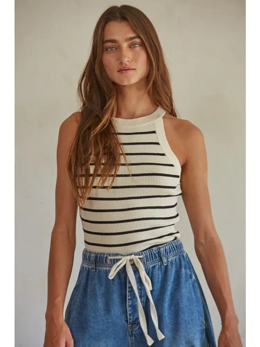 Knit Sweater Ribbed Striped Tank Top-Cream Black