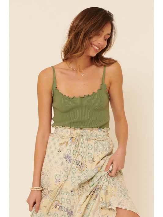 Ribbed Knit Square Neck Lettuce Edge Cami-Ash Green
