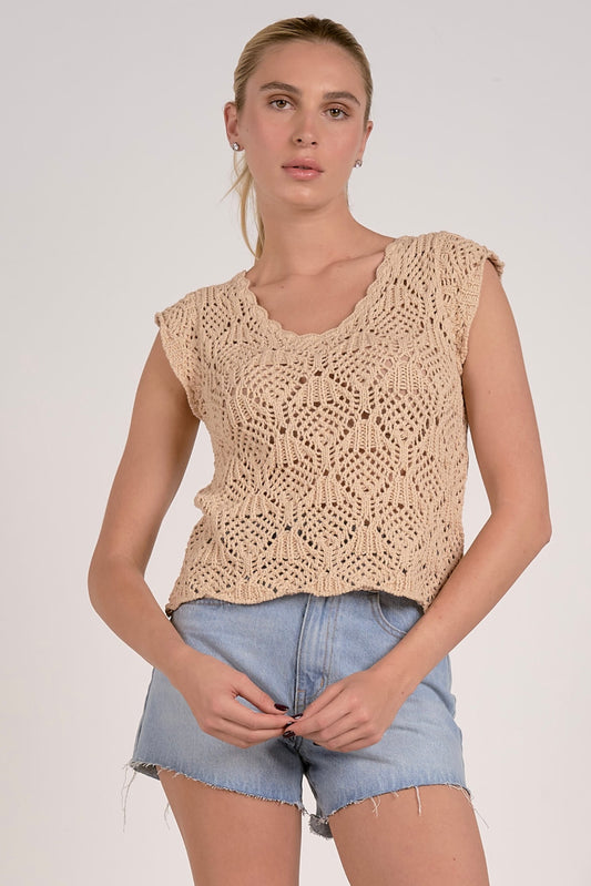 Crochet Sweater w/Cap Sleeve-Nude