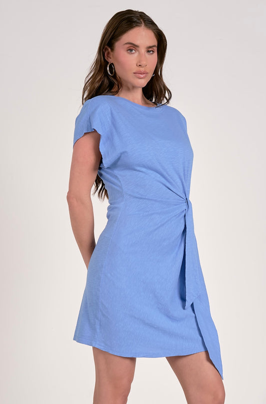 Short Sleeve Side Tie Dress-Blue