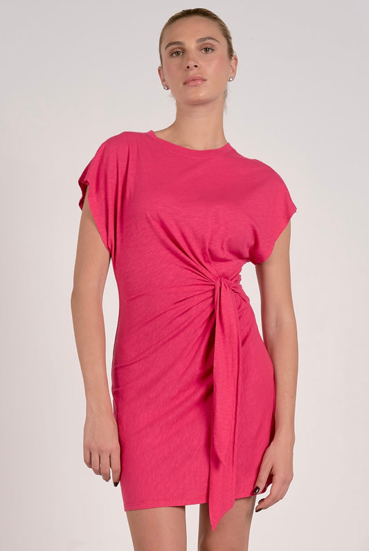 Short Sleeve Side Tie Dress-Fuschia