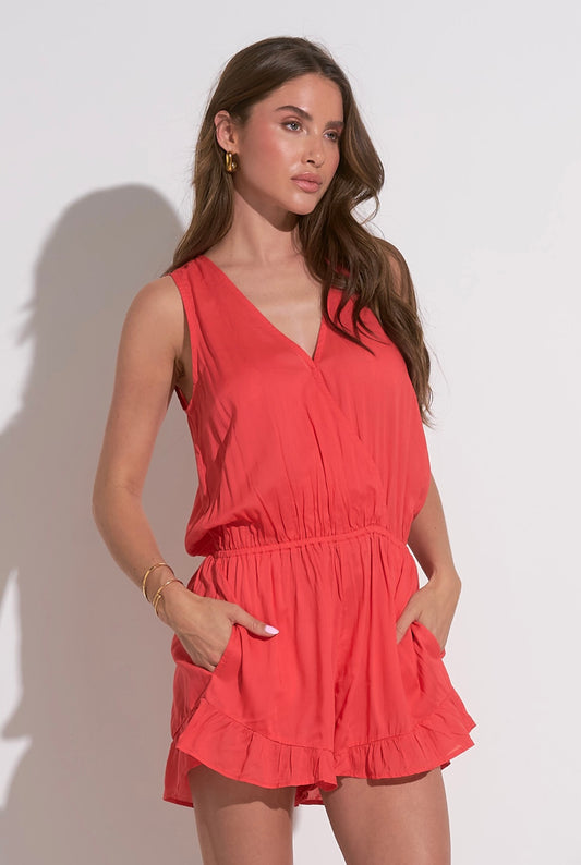 Sleeveless V-neck Romper-Coral Red