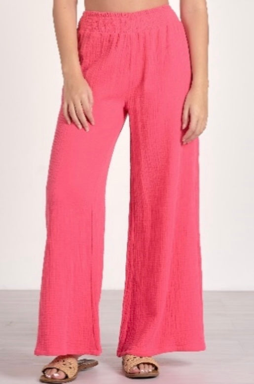 Gauze Pants w/smocked Waistband-Hot Pink