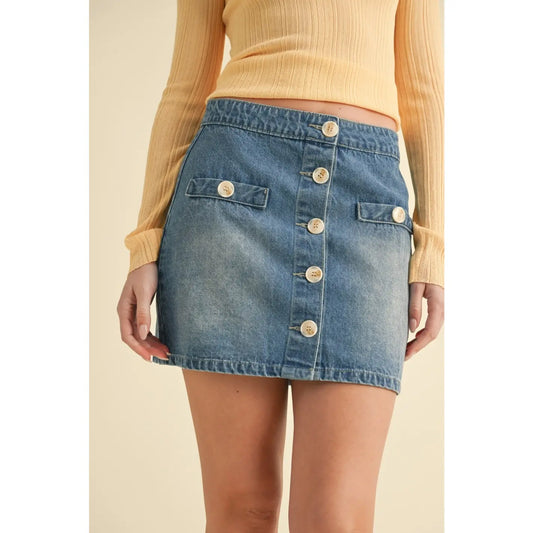 Denim Button Front Mini Skirt-Medium Wash