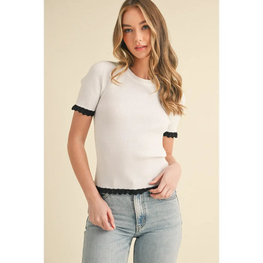 Round Neck Scalloped Edge Ribbed Sweater-White/Black