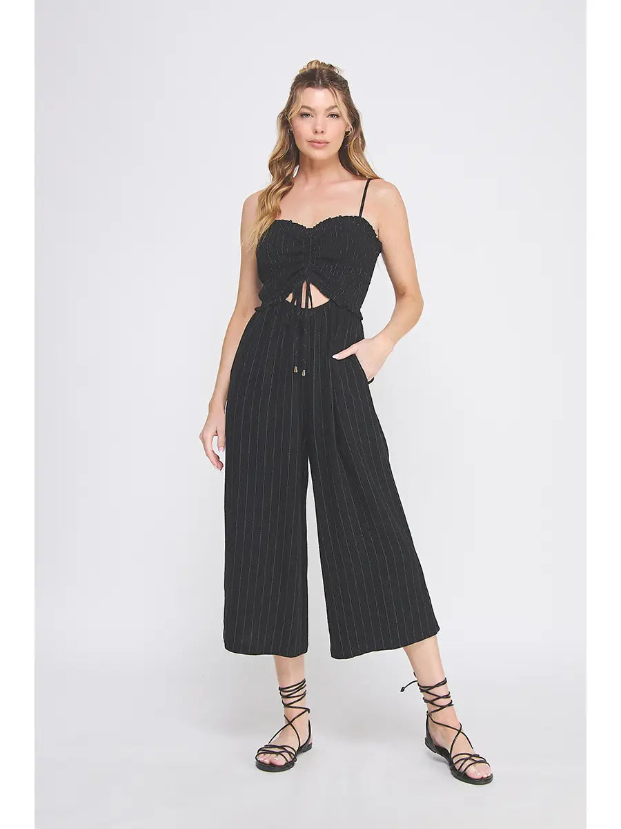 Spaghetti Strap Drawstring Smocked Sweetheart Bodice Jumpsuit-Black Stripe