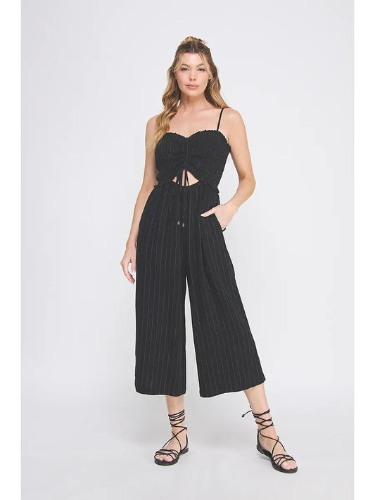 Spaghetti Strap Drawstring Smocked Sweetheart Bodice Jumpsuit-Black Stripe