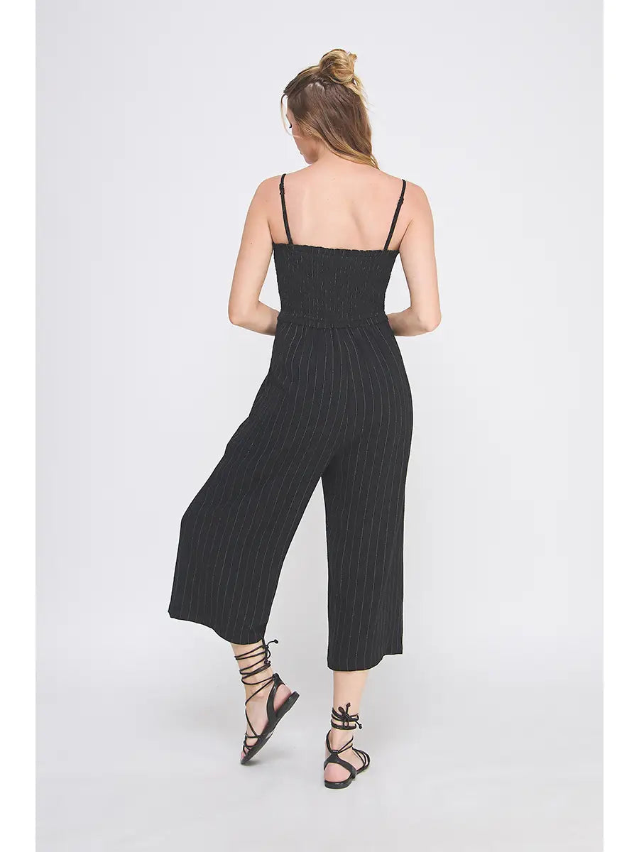 Spaghetti Strap Drawstring Smocked Sweetheart Bodice Jumpsuit-Black Stripe