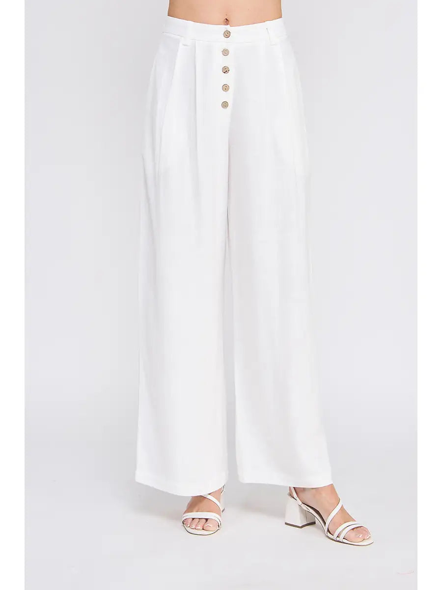 Soft Linen High-Waist w/Coconut Button Pants- Off White