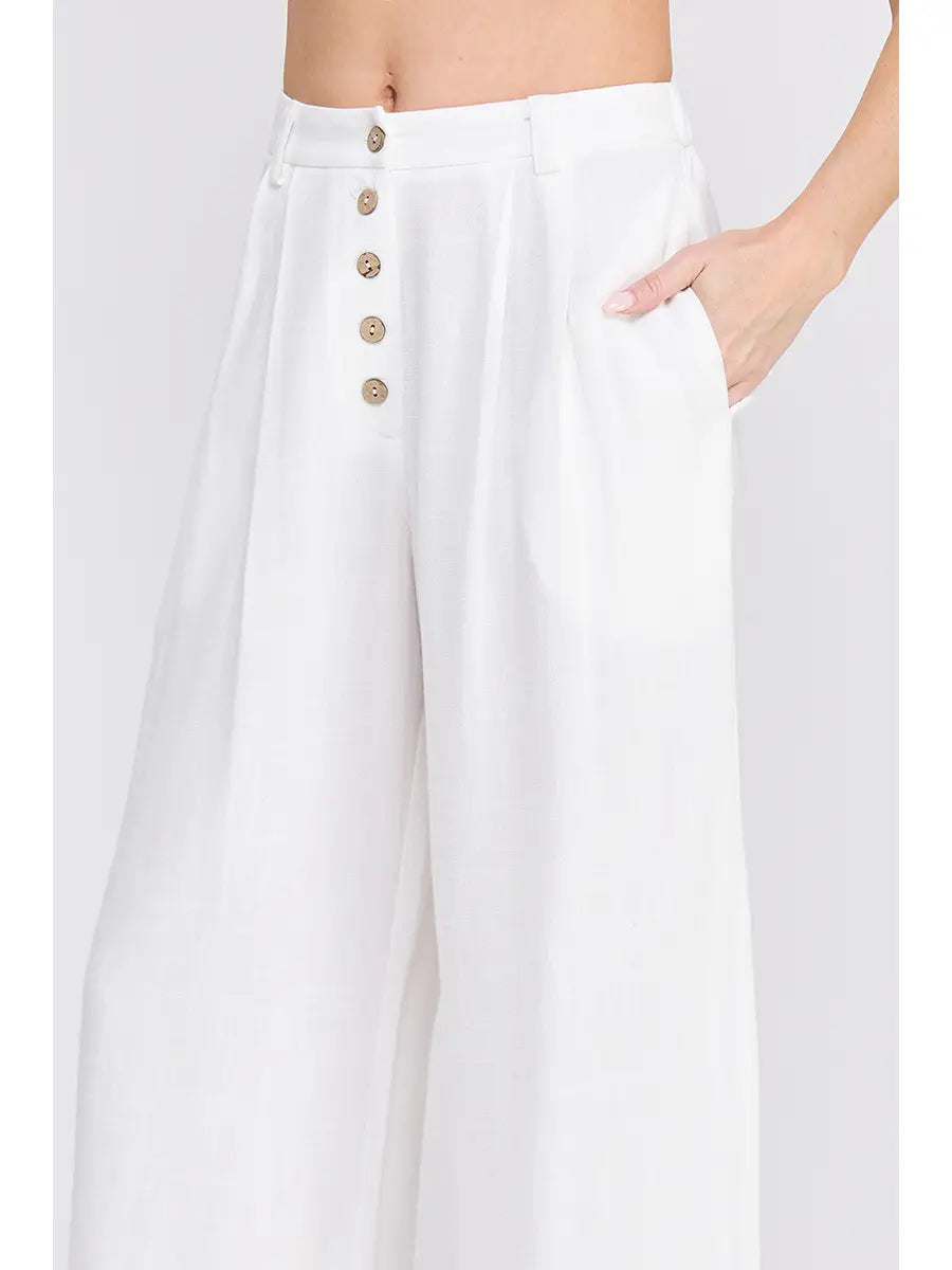 Soft Linen High-Waist w/Coconut Button Pants- Off White