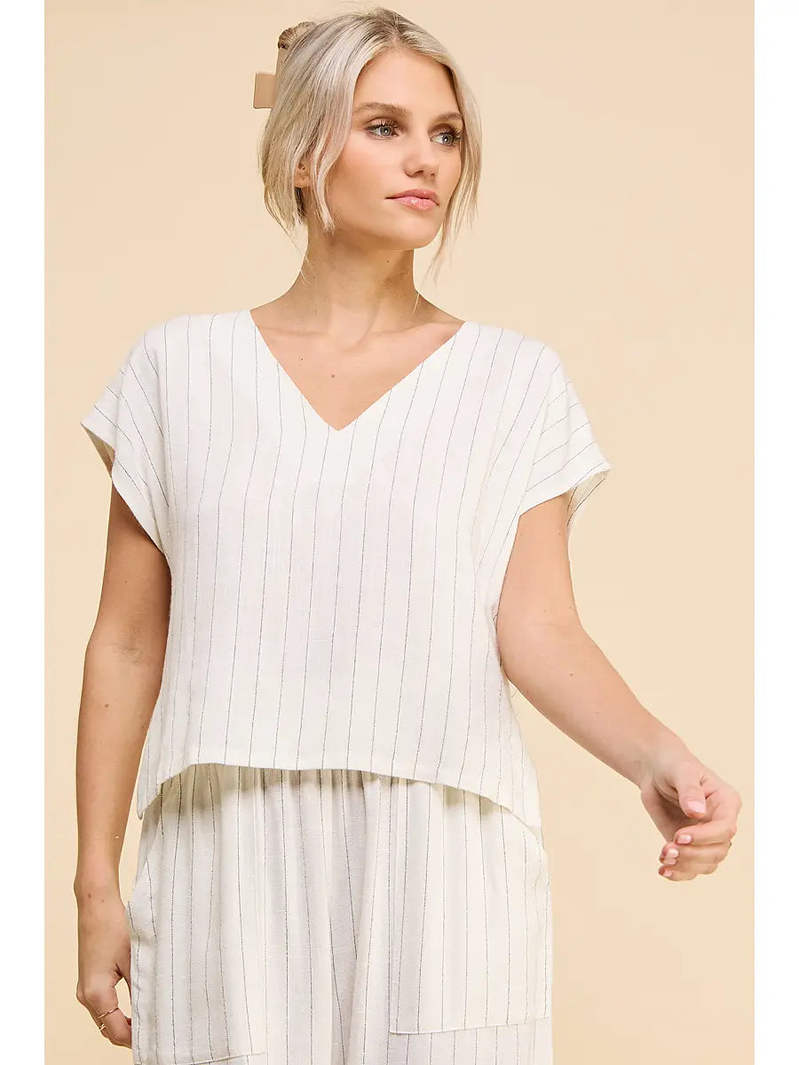 Pinstripe Linen Blend V-Neck Hi-Low Top-Off White Stripe