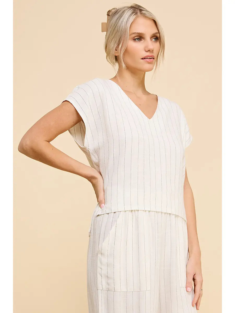 Pinstripe Linen Blend V-Neck Hi-Low Top-Off White Stripe