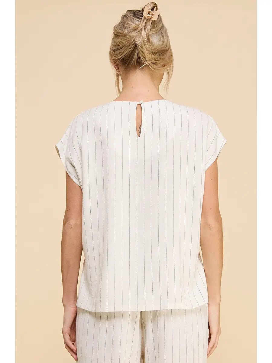 Pinstripe Linen Blend V-Neck Hi-Low Top-Off White Stripe