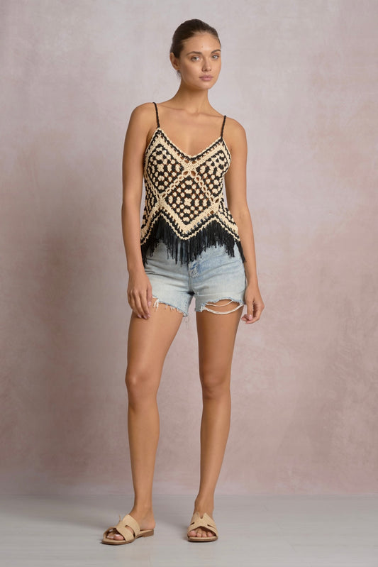 Tank Top Fringe Bottom-Black/White