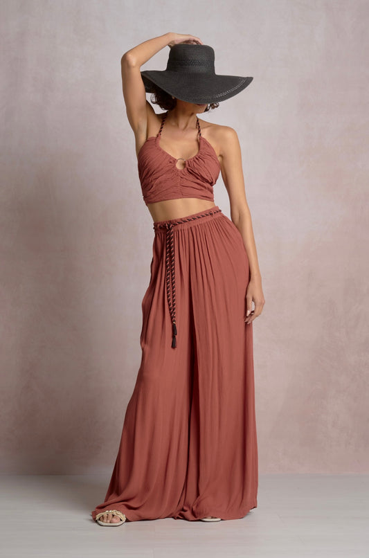 Wide Leg Rope Tie Pants-Dark Cayenne
