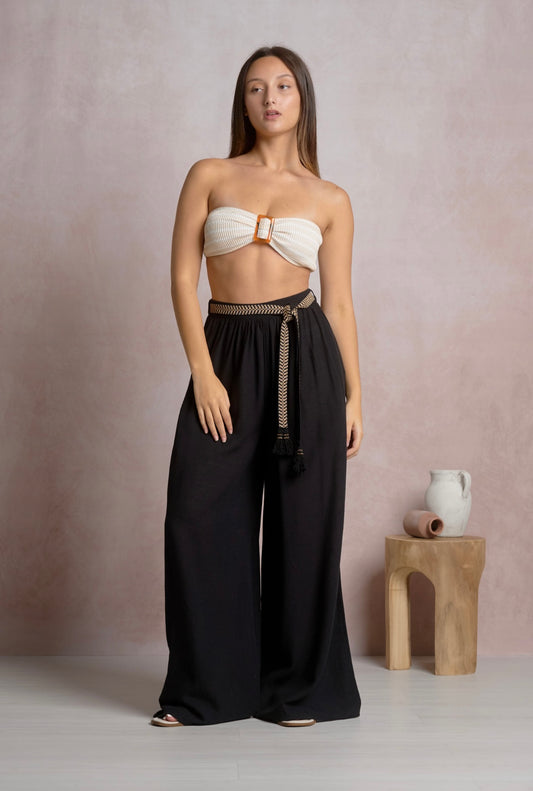 Wide Leg Belted Pants-Black
