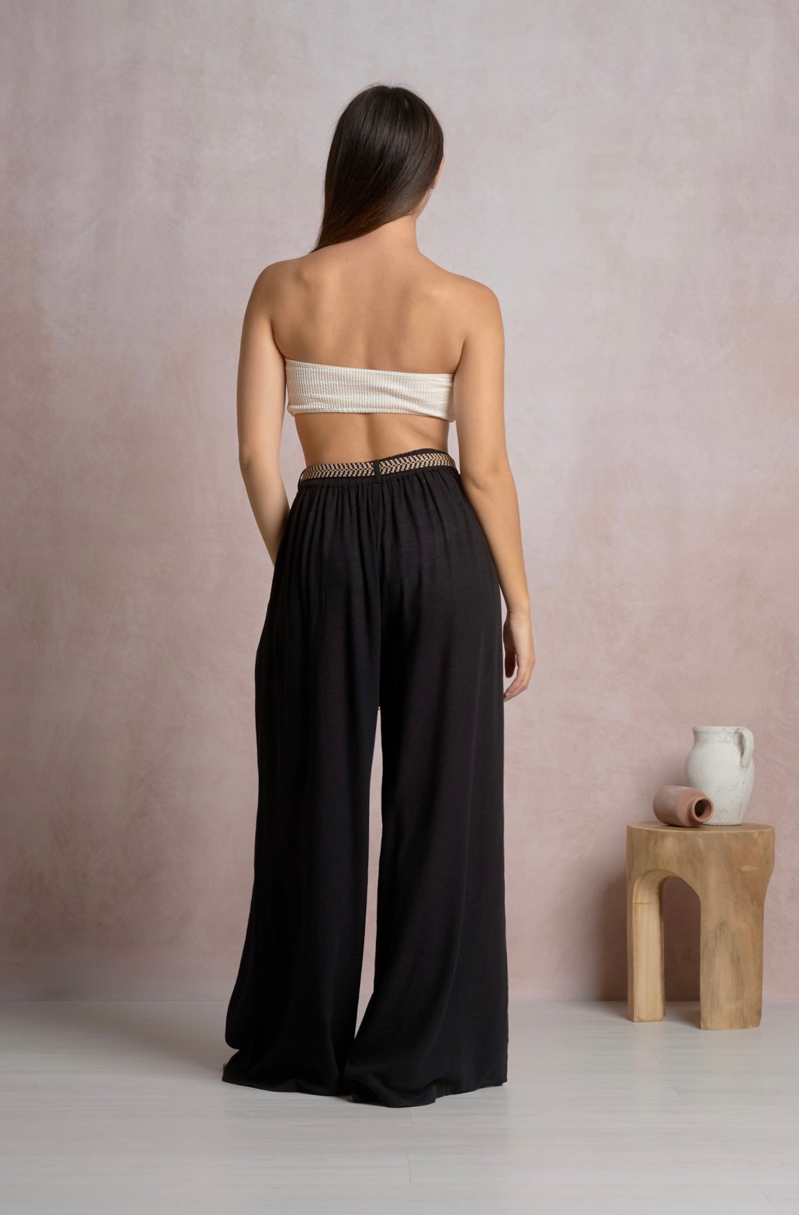 Wide Leg Belted Pants-Black