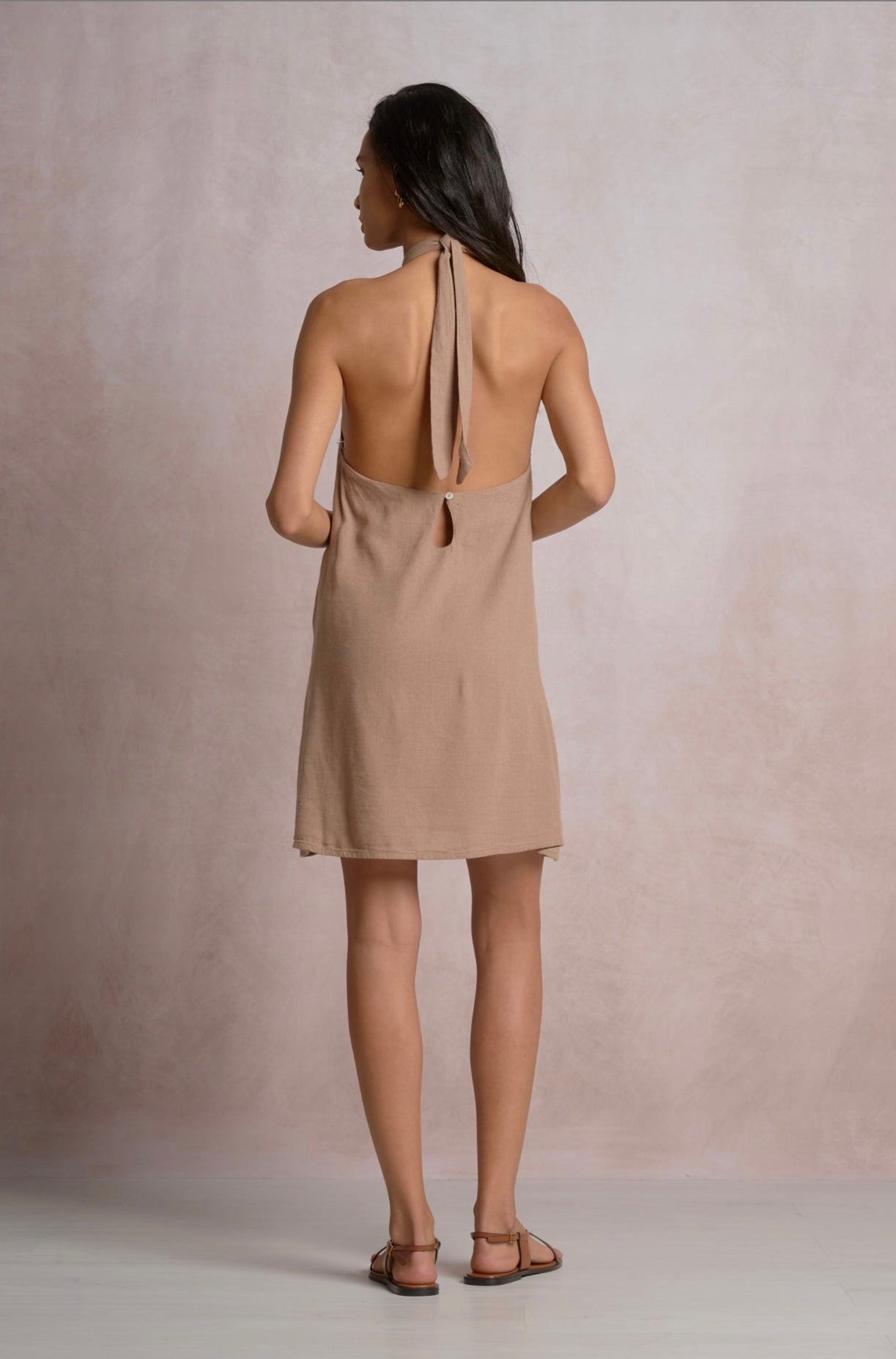 Open Back Halter Dress-Brown