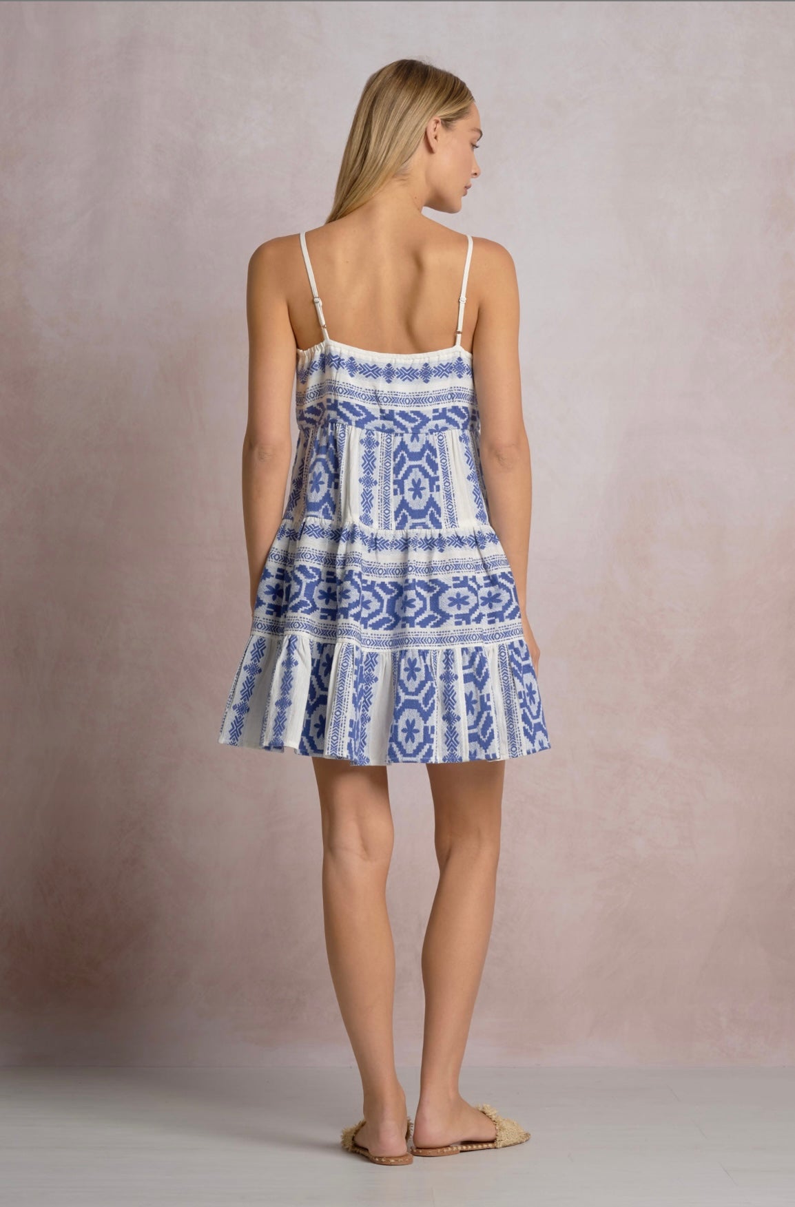 Spaghetti Strap Tie Dress-Natural/Blue