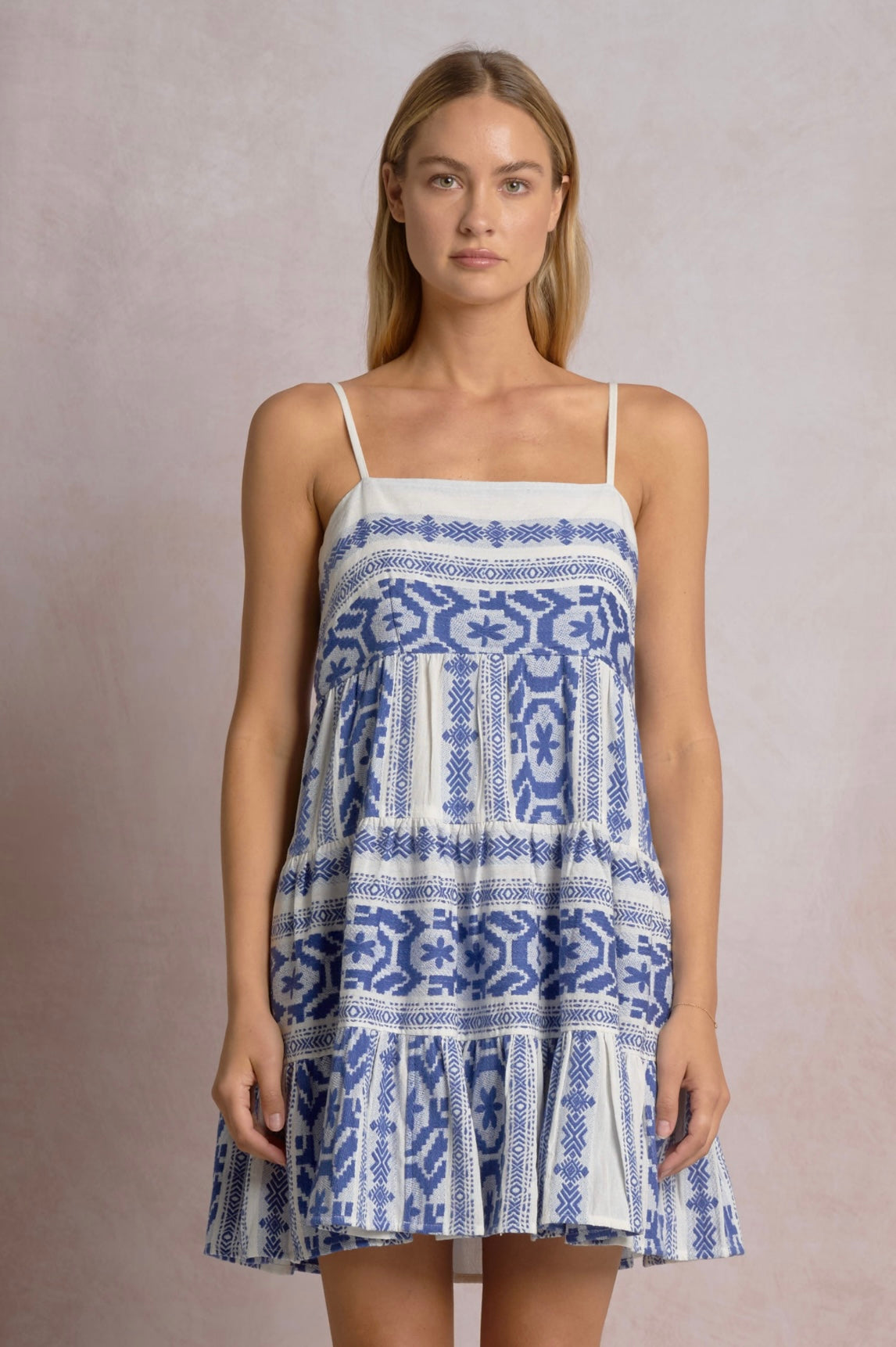 Spaghetti Strap Tie Dress-Natural/Blue