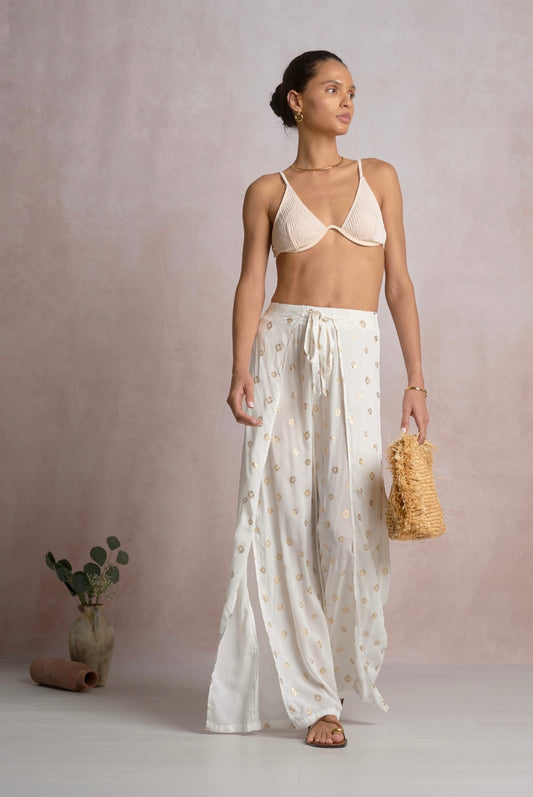 Faux Wrap Pants-White Polka