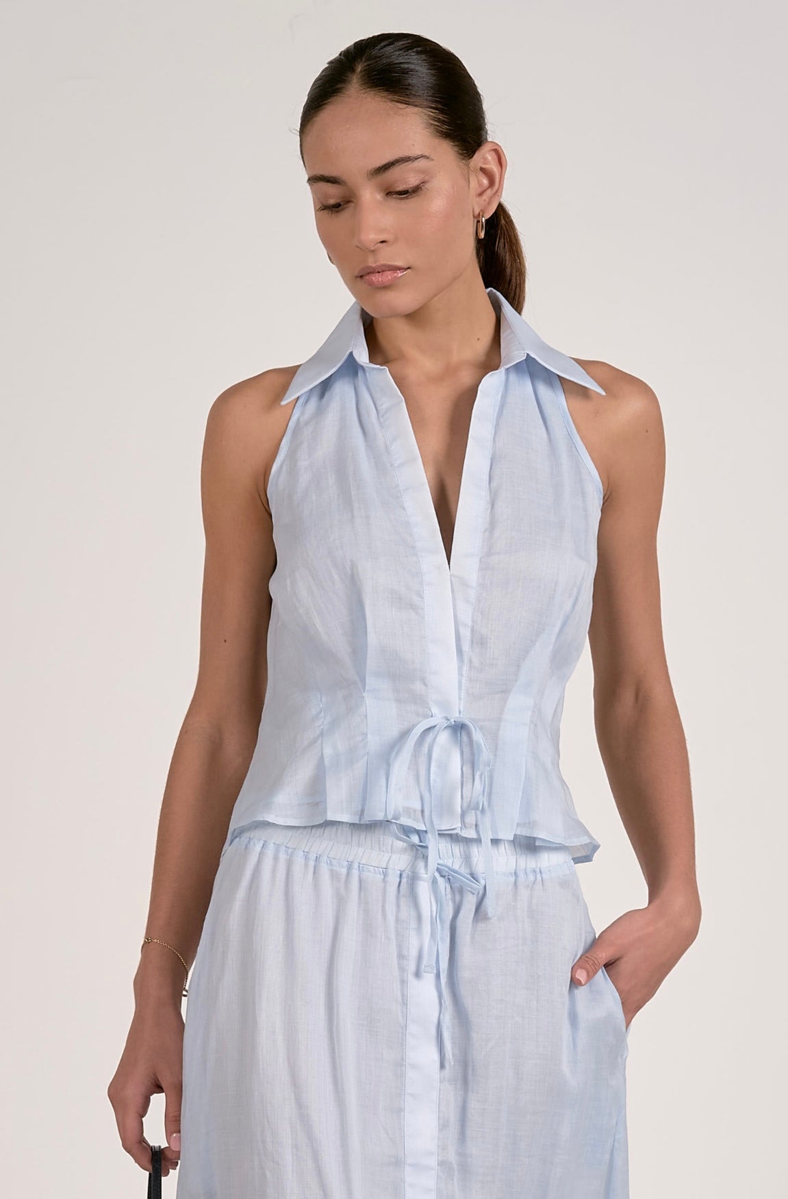 Collared Halter Top-Light Blue