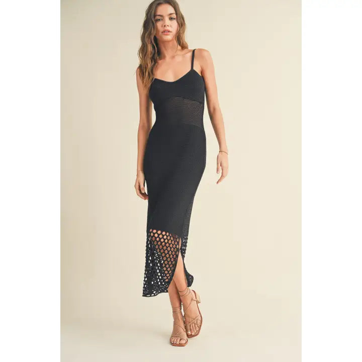 Net Pattern on Bottom Knitted Dress-Black