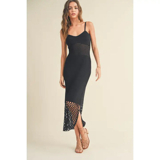 Net Pattern on Bottom Knitted Dress-Black